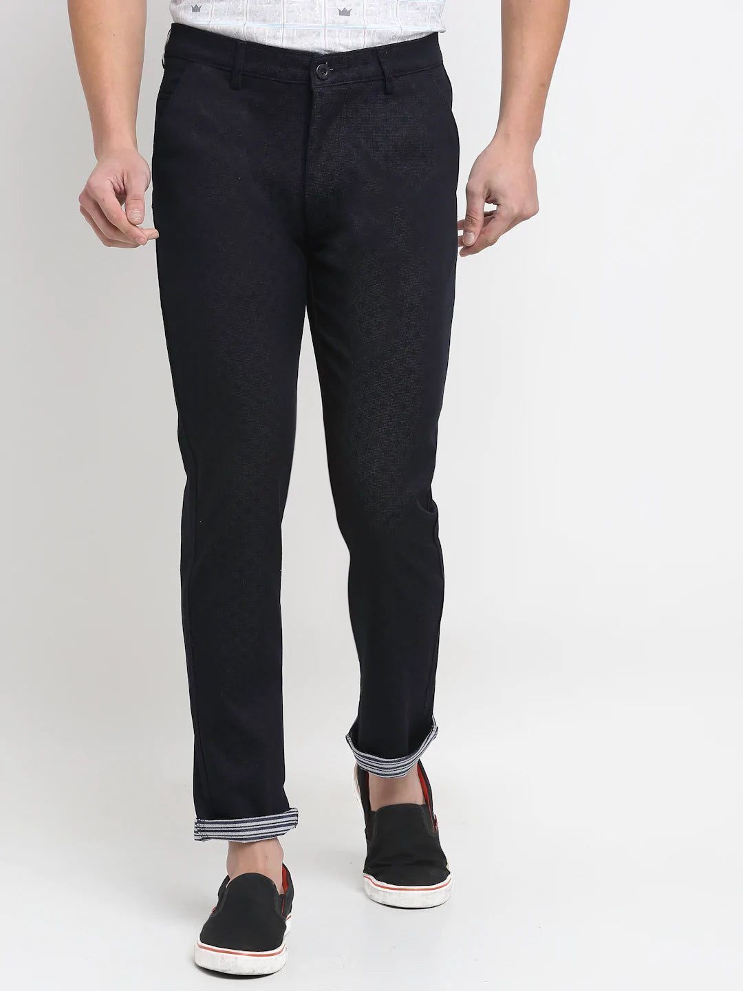 Rodamo  Men Navy Blue Textured Slim Fit Trousers