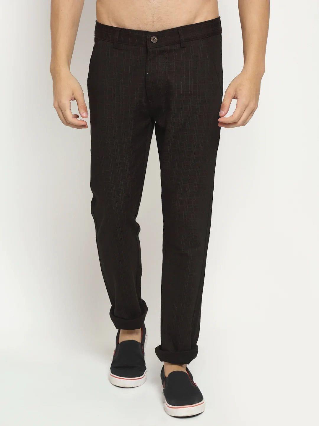 Rodamo  Men Brown Checked Slim Fit Trousers