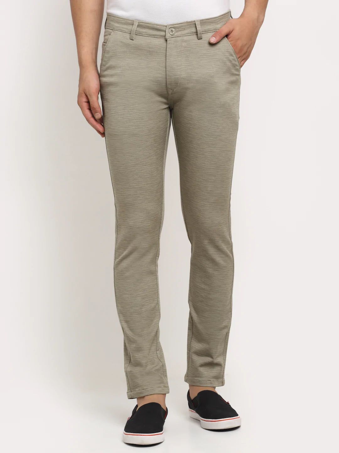 Rodamo  Men Khaki Textured Slim Fit Trousers