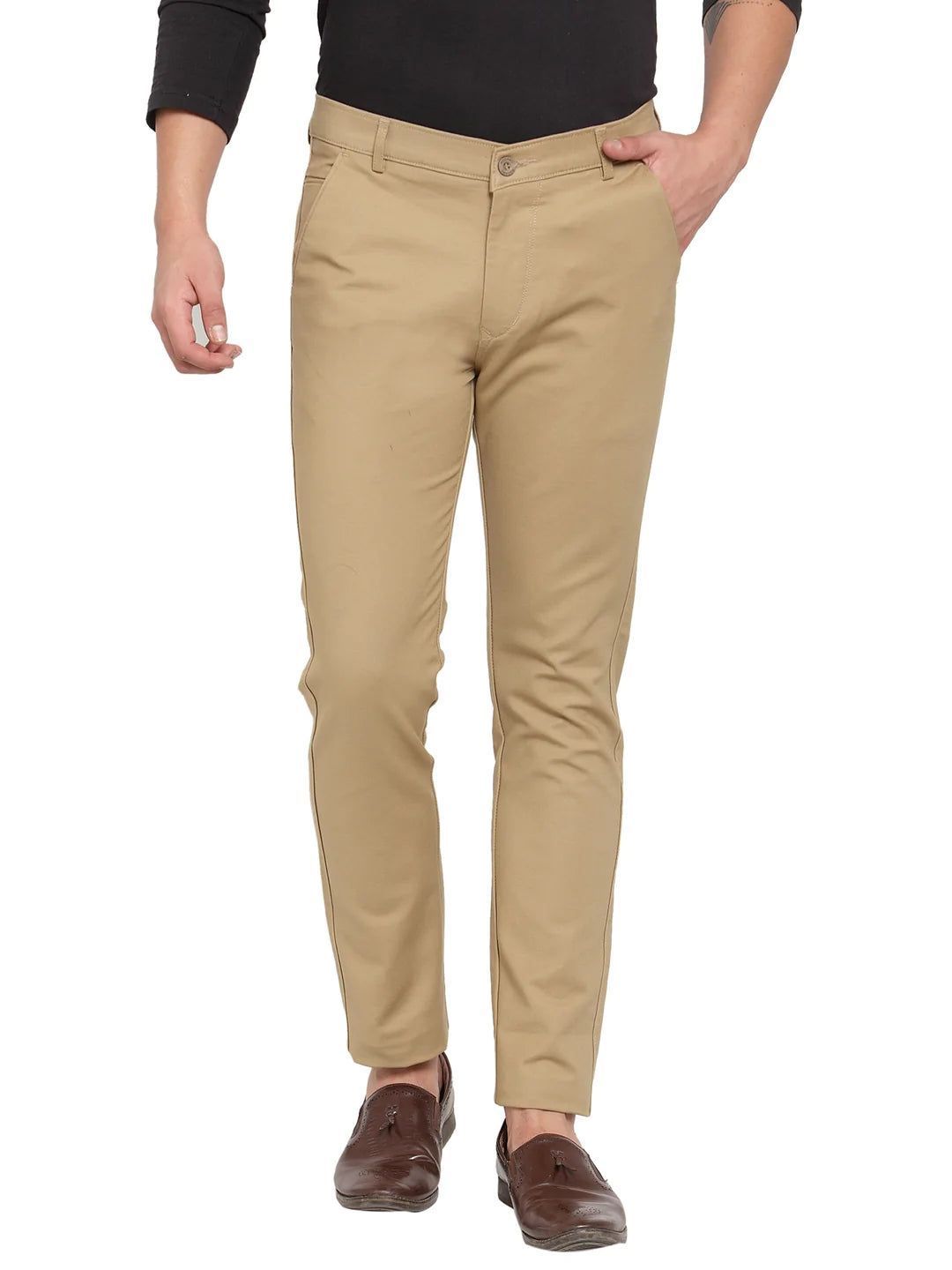 Rodamo  Men Khaki Slim Fit Solid Regular Trousers