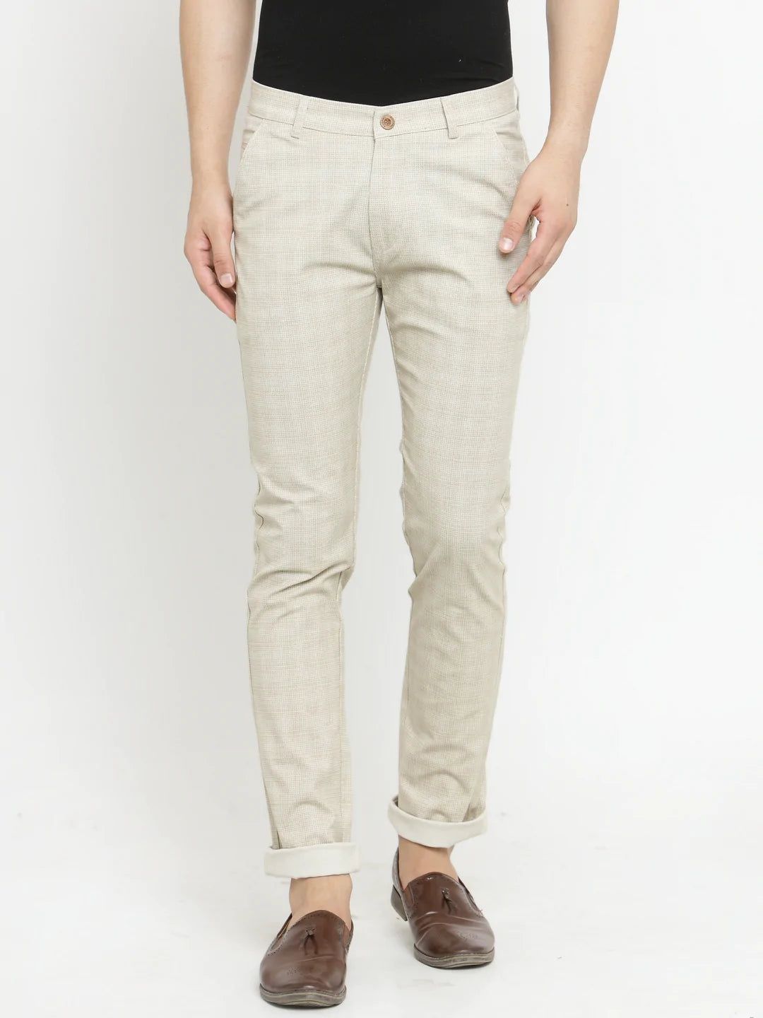 Rodamo  Men Beige Slim Fit Trousers