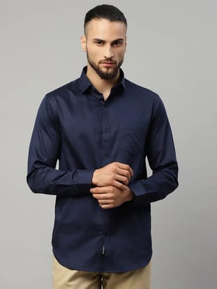 Rodamo  Men Navy Blue Slim Fit Solid Cotton Casual Shirt