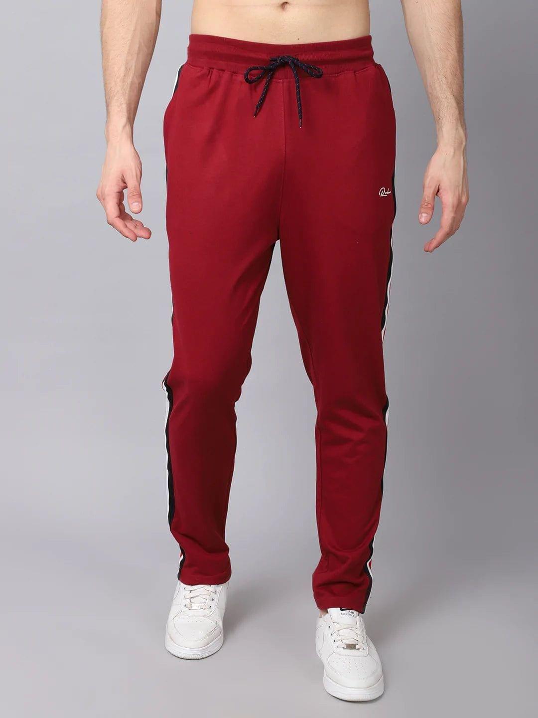Rodamo Men Maroon Striped Slim-Fit Cotton Trackpants