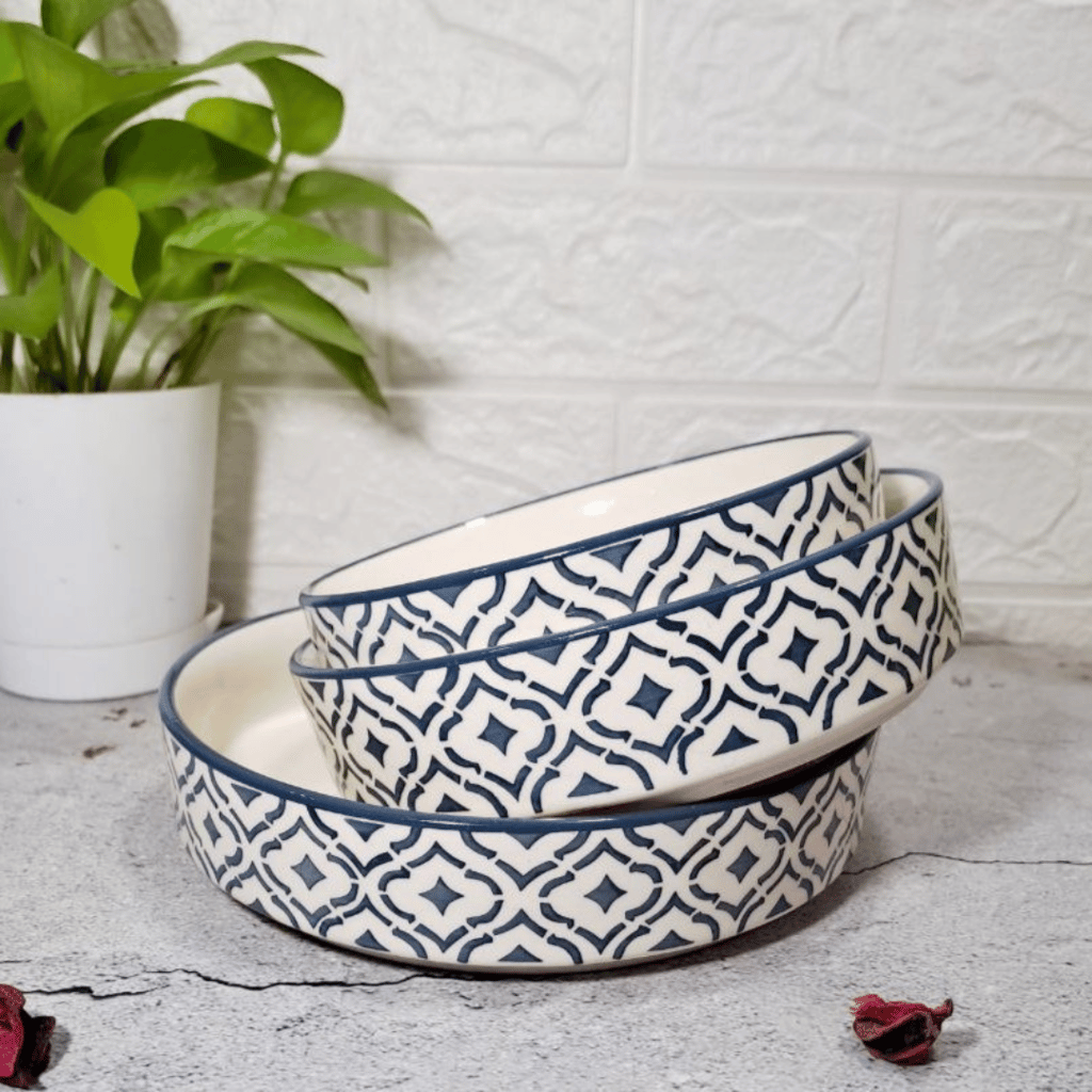 Homefrills Studio Pottery Hand-Painted Ceramic Salad Tray/Bowl, Deep Dish Bowl , Salad Plate for Serving Snacks, Fruits, Salad, Noodles & Pasta Microwave Dishwasher Safe/BPA & Lead Free -Set of 3 Color -Grey