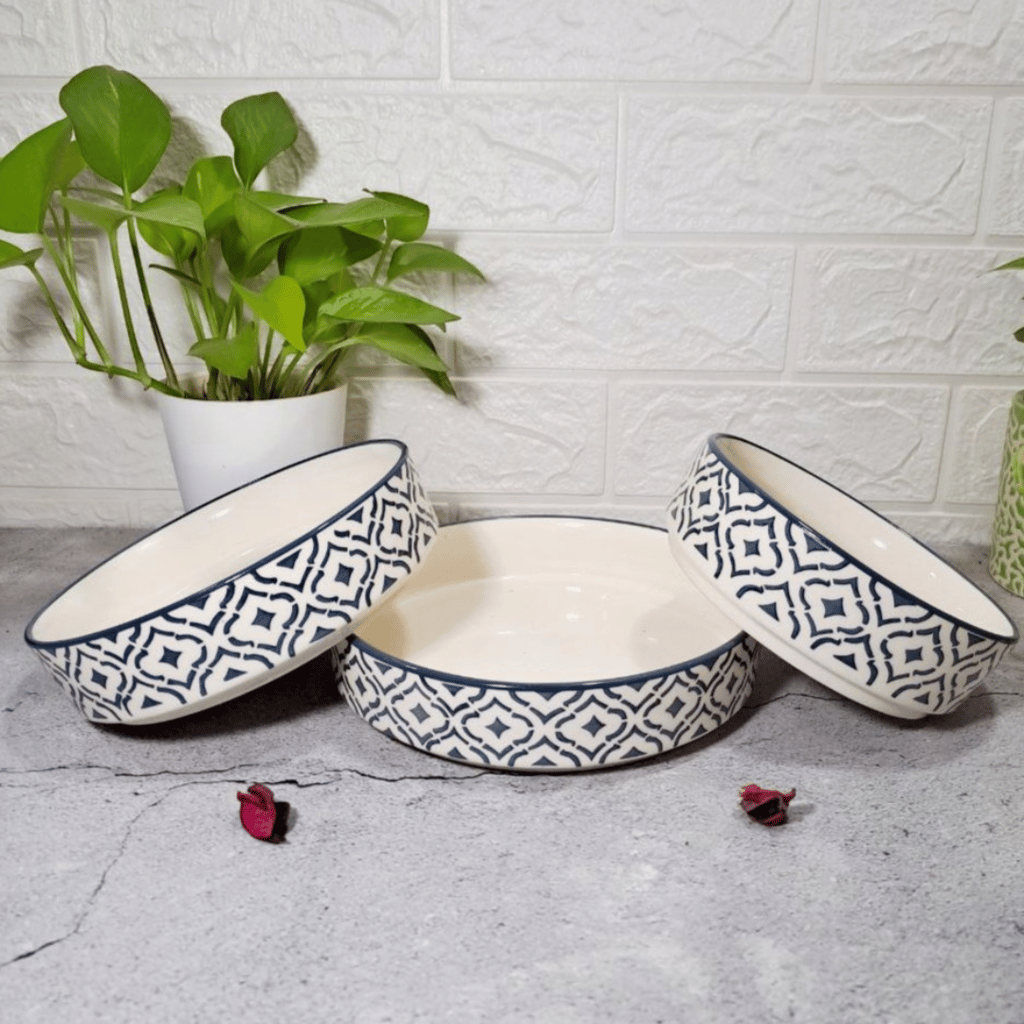 Homefrills Studio Pottery Hand-Painted Ceramic Salad Tray/Bowl, Deep Dish Bowl , Salad Plate for Serving Snacks, Fruits, Salad, Noodles & Pasta Microwave Dishwasher Safe/BPA & Lead Free -Set of 3 Color -Grey