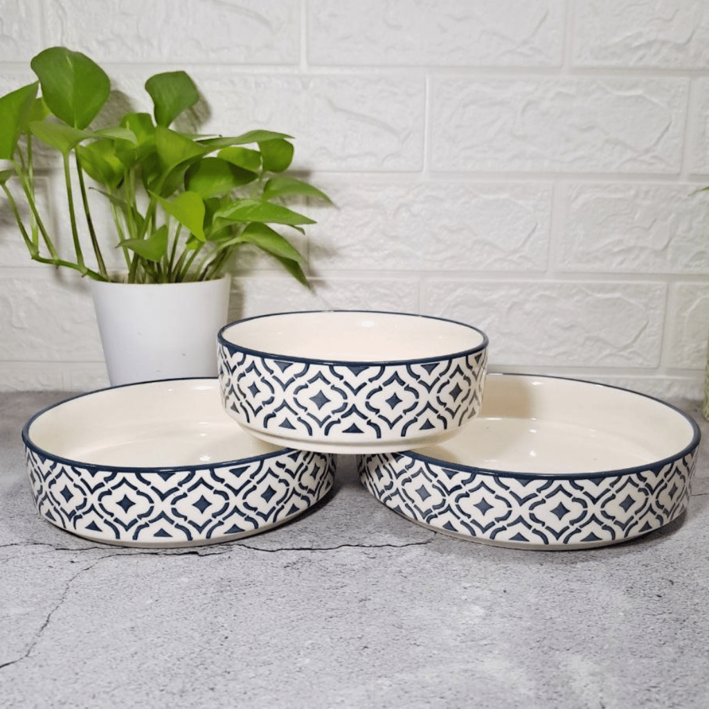 Homefrills Studio Pottery Hand-Painted Ceramic Salad Tray/Bowl, Deep Dish Bowl , Salad Plate for Serving Snacks, Fruits, Salad, Noodles & Pasta Microwave Dishwasher Safe/BPA & Lead Free -Set of 3 Color -Grey