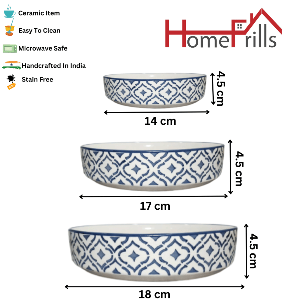 Homefrills Studio Pottery Hand-Painted Ceramic Salad Tray/Bowl, Deep Dish Bowl , Salad Plate for Serving Snacks, Fruits, Salad, Noodles & Pasta Microwave Dishwasher Safe/BPA & Lead Free -Set of 3 Color -Grey