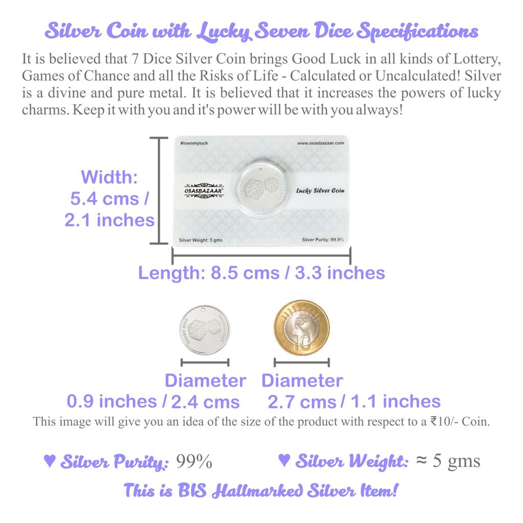 Osasbazaar Silver Coin with Lucky 7 Dice - 5 Gram - 99% Pure BIS Hallmarked