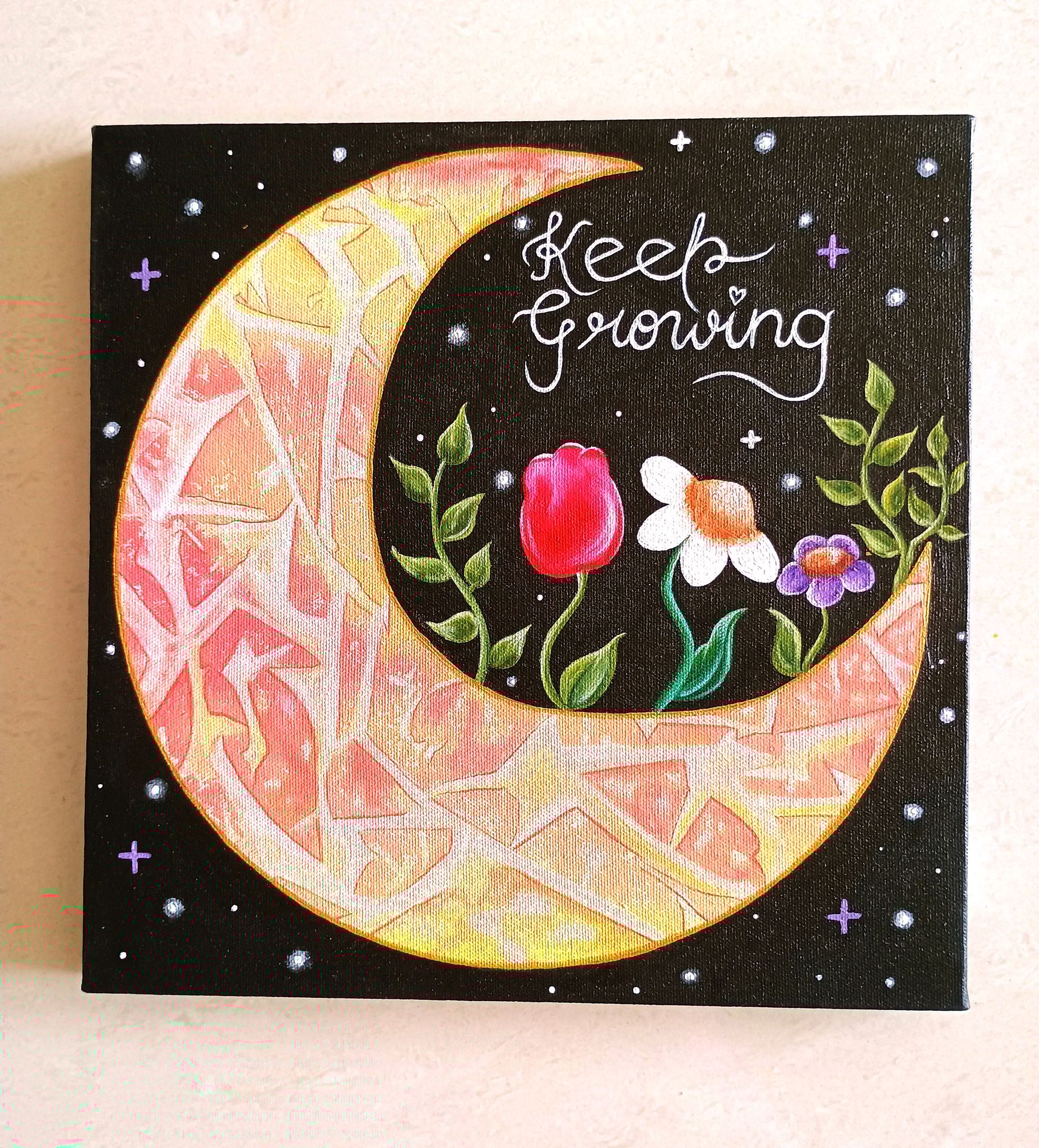 Handmade Acrylic Canvas Painting with in-built frame - "Keep Growing" Size 12x12 inches
