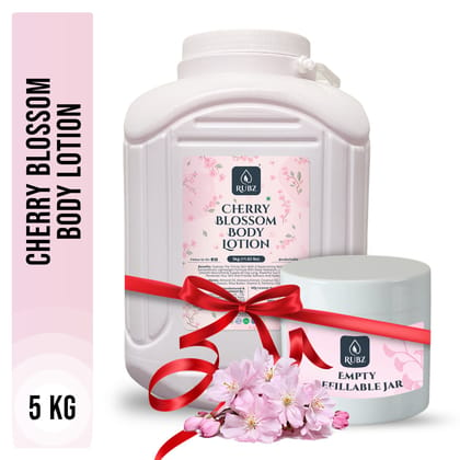 Rubz Cherry Blossom Body Milk with goodness of Japanese Cherry Blossom Extract 5 Kg | Bulk Body Lotion 5 Litre with Refillable 200g Plastic Jar | Best for Hotel, Spa, Salon