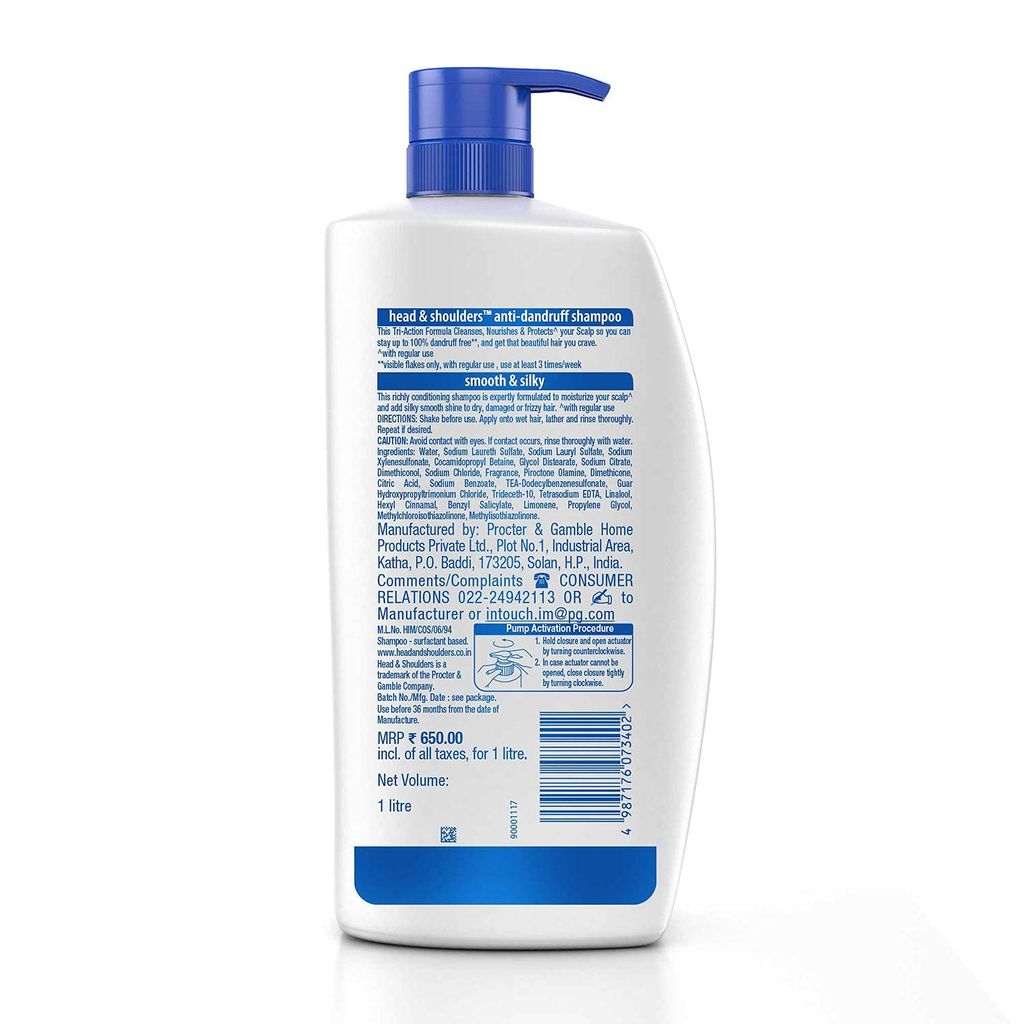 Head & Shoulders Smooth and Silky, Anti Dandruff Shampoo for Women & Men , 1 L