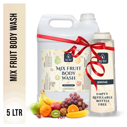 Rubz Mix Fruit Body Wash Refill Pack 5L | Liquid Soap | Shower Gel | with Refillable 500 ml Plastic Bottle | Best for Hotel, Spa, Salon, Joint Family | SLS Free | Paraben Free