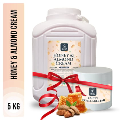Rubz Honey & Almond Cream 5Kg with 200gm Refillable jar | Deep Moisturizing with Instant Hydration | Non-Greasy Cream with Vitamin E & Almond Oil | Best for Hotel, Spa, Salon, Family