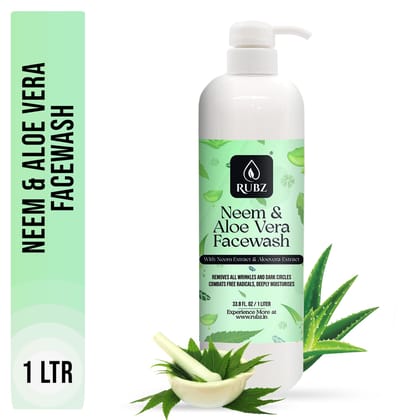 Rubz Neem and Aloe Vera Face Wash | Enriched with Neem & Aloe Vera Extracts | Purifies Skin | Sulphate Free Face Wash | Paraben Free | Suitable for All Skin Types | 1 Litre