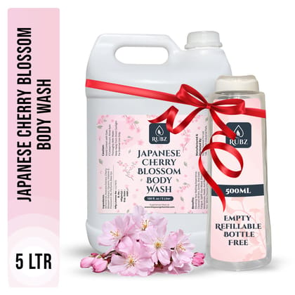 Rubz Japanese Cherry Blossom Body Wash Refill Pack 5L | Liquid Soap | Shower Gel | with Refillable 500 ml Plastic Bottle | Best for Hotel, Spa, Salon, Joint Family | SLS Free | Paraben Free