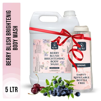 Rubz Berry Blush Brightening Body Wash Refill Pack 5L | Liquid Soap | Shower Gel | with Refillable 500 ml Plastic Bottle | Best for Hotel, Spa, Salon, Joint Family | SLS Free | Paraben Free