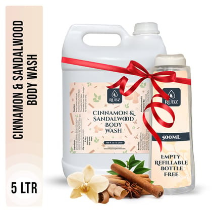 Rubz Cinnamon & Sandalwood Body Wash Refill Pack 5L | Liquid Soap | Shower Gel | with Refillable 500 ml Plastic Bottle | Best for Hotel, Spa, Salon, Joint Family | SLS Free | Paraben Free