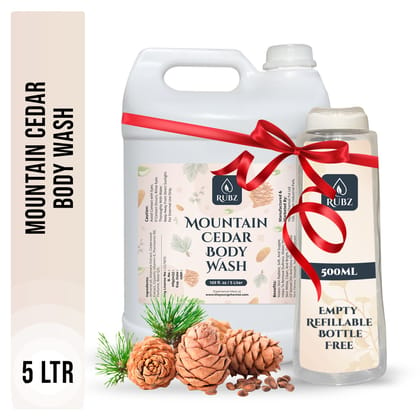 Rubz Mountain Cedar Body Wash Refill Pack 5L | Liquid Soap | Shower Gel | with Refillable 500 ml Plastic Bottle | Best for Hotel, Spa, Salon, Joint Family | SLS Free | Paraben Free