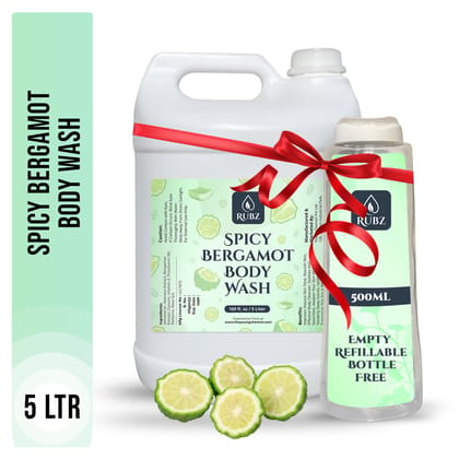 Rubz Spicy Bergamot Body Wash Refill Pack 5L | Liquid Soap | Shower Gel | with Refillable 500 ml Plastic Bottle | Best for Hotel, Spa, Salon, Joint Family | SLS Free | Paraben Free