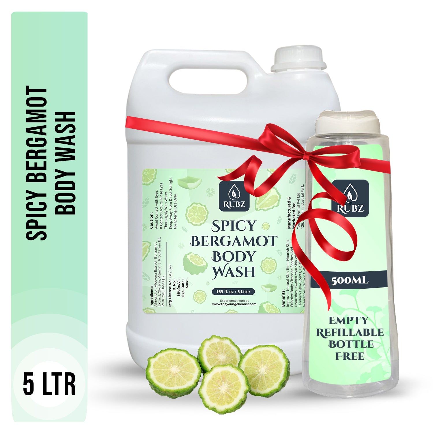 Rubz Spicy Bergamot Body Wash Refill Pack 5L | Liquid Soap | Shower Gel | with Refillable 500 ml Plastic Bottle | Best for Hotel, Spa, Salon, Joint Family | SLS Free | Paraben Free
