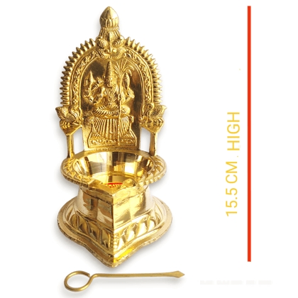 NAAYAGI ® - Kanchipuram KAMAKSHI VILAKKU / DEEPAM / Diya - Pure Brass Made, MEDIUM HIGH  - 15.5 CM HIGH WITH Thick Brass plate and an pin