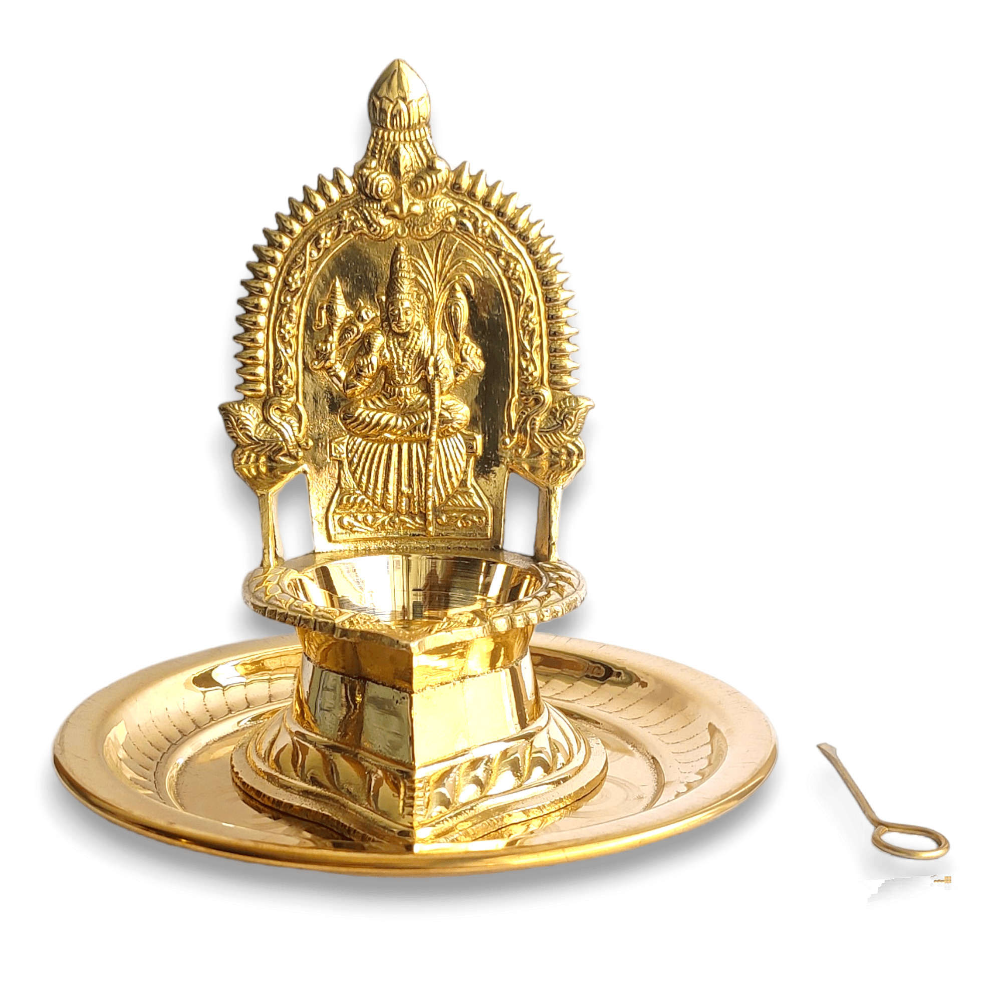 NAAYAGI ® - Kanchipuram KAMAKSHI VILAKKU / DEEPAM / Diya - Pure Brass Made, MEDIUM HIGH  - 15.5 CM HIGH WITH Thick Brass plate and an pin, GOLD COLOR