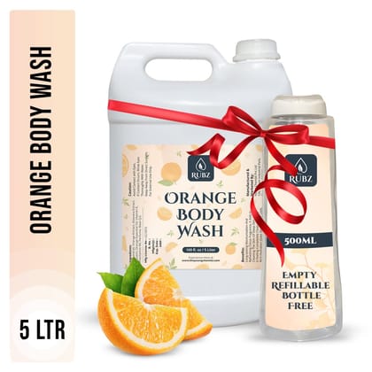 Rubz Orange Body Wash Refill Pack 5L | Liquid Soap | Shower Gel | with Refillable 500 ml Plastic Bottle | Best for Hotel, Spa, Salon, Joint Family | SLS Free | Paraben Free