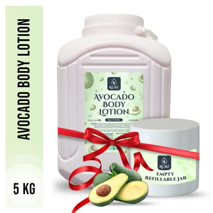 Rubz Avocado Body Milk with goodness of Pure Avocado Oil 5 Kg | Bulk Body Lotion 5 Litre with Refillable 200g Plastic Jar | Best for Hotel, Spa, Salon