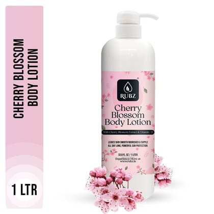Rubz Cherry Blossom Body Milk with goodness of Japanese Cherry Blossom Extract 1 Kg | Bulk Body Lotion 1 Litre with Refillable 200g Plastic Jar | Best for Hotel, Spa, Salon