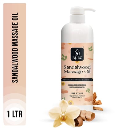 Rubz Sandalwood Massage Oil | Moisturizing & Nourishing Body Massage Oil for Men & Women | Best for Aromatherapy & Full Body Spa | 1 Litre