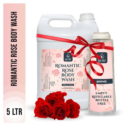Rubz Romantic Rose Body Wash Refill Pack 5L | Liquid Soap | Shower Gel | with Refillable 500 ml Plastic Bottle | Best for Hotel, Spa, Salon, Joint Family | SLS Free | Paraben Free