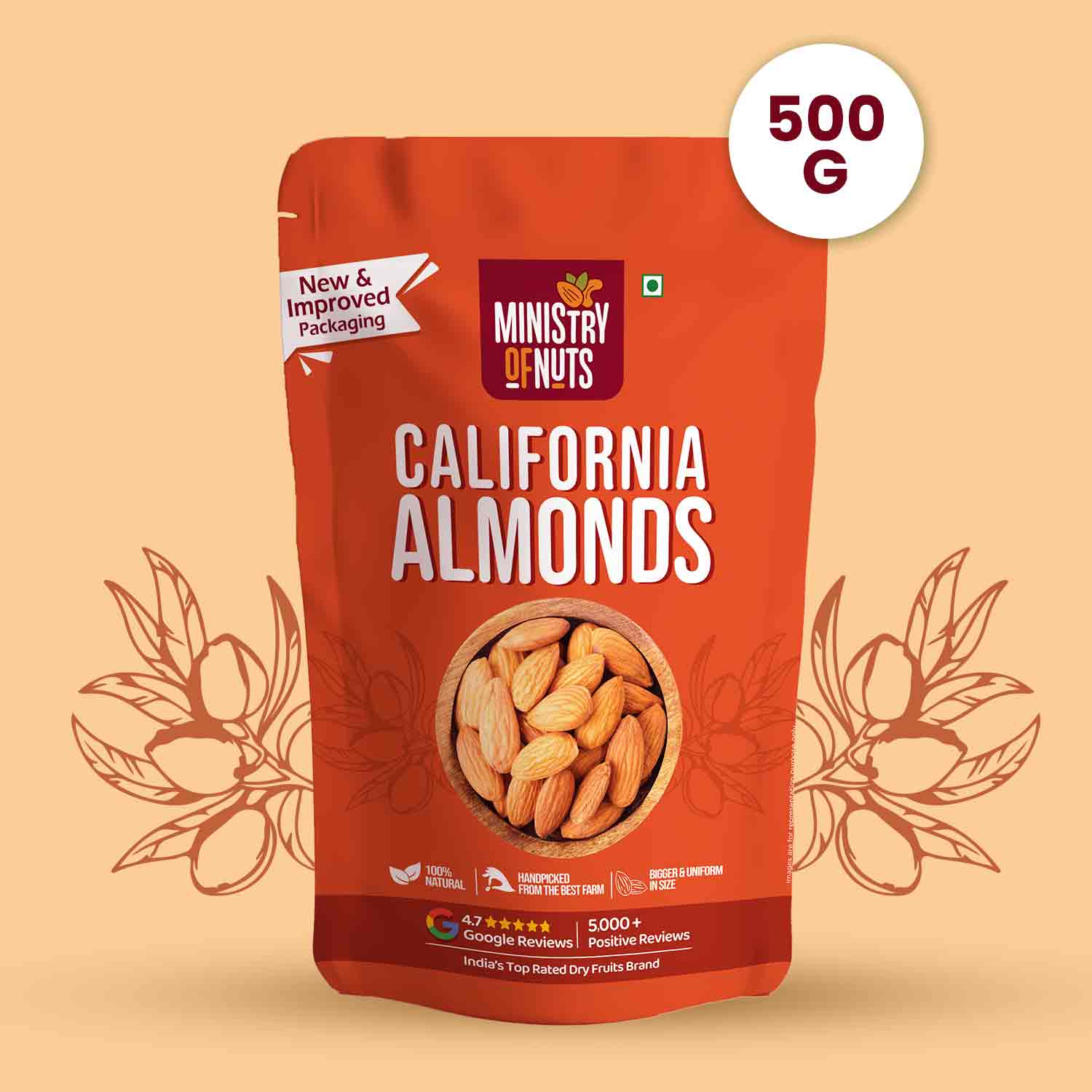 Ministry Of Nuts Premium California Almonds | Premium Badam Giri | High in Fiber & Boost Immunity | Real Nuts | Gluten Free (Almonds 500G)