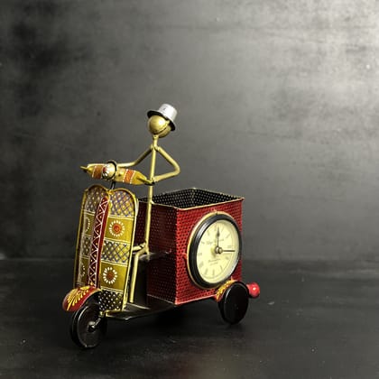 SHAMBHU HANDICRAFTS : ANTIQUE SCOOTER PEN HOLDER WITH CLOCK  HOME AND OFFICE DECOR/ TABLE DECOR/DRAWING ROOM DECOR / GIFT ITEM