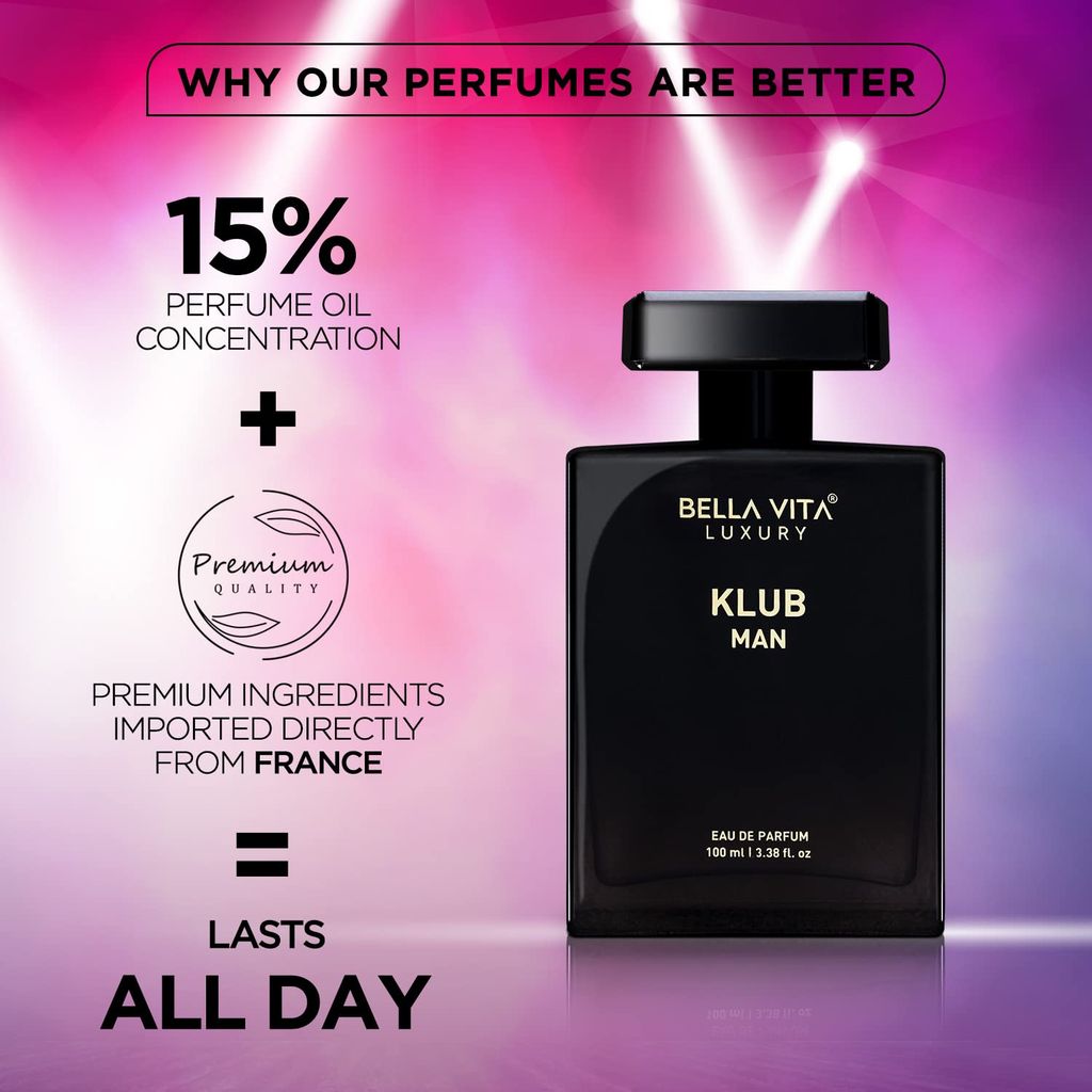 Bella Vita Luxury KLUB Man Eau De Parfum Perfume for Men with Lemon, Rose and Vanilla|Musky and Spicy Long Lasting Premium EDP Fragrance Scent, 100Ml