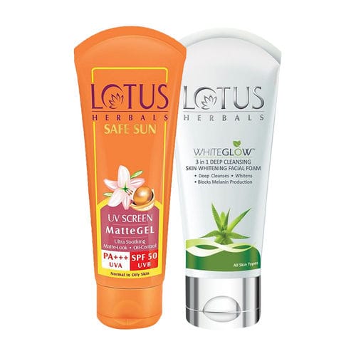 Lotus Herbals Safe Sun UV Screen Matte Gel PA+++ SPF - 50 (100g) + Lotus Herbals WhiteGlow 3-In-1 Deep Cleansing Skin Whitening Facial Foam (100g) Combo