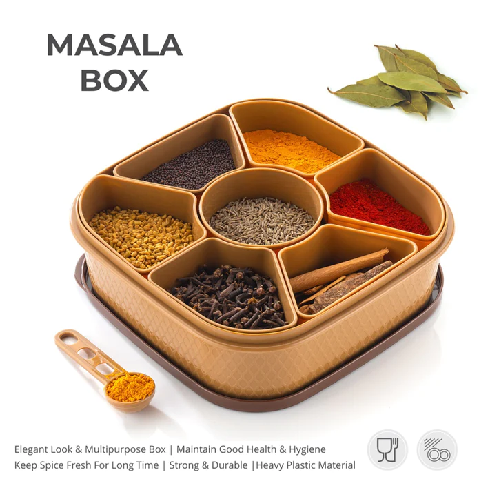 URBAN CREW  MASALA BOX FOR KEEPING SPICES, SPICE BOX FOR KITCHEN, MASALA CONTAINER, PLASTIC WOODEN STYLE, 7 SECTIONS (MULTI COLOR).