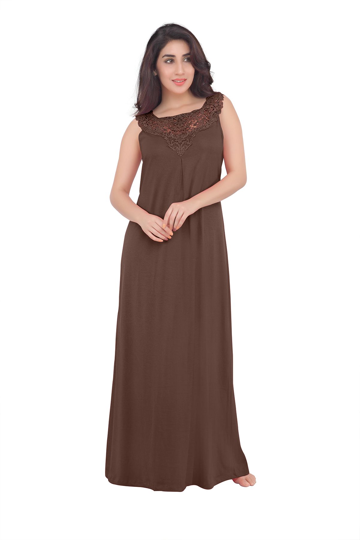 Women Hosiery Solid Brown Night Gown, Maxi, Nighty