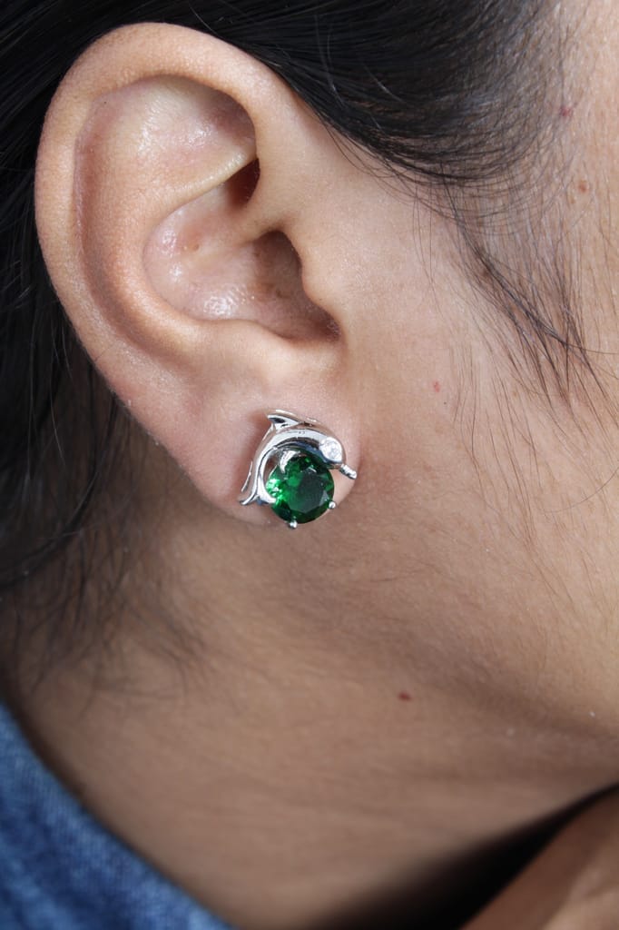 Dolphin cz green ear stud for girl & women