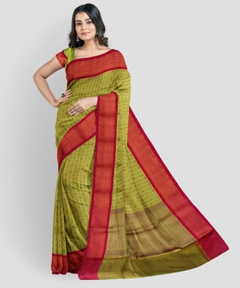 Light Green Color Small Checks Soft Kora Muslin Saree with Unstitched Blouse