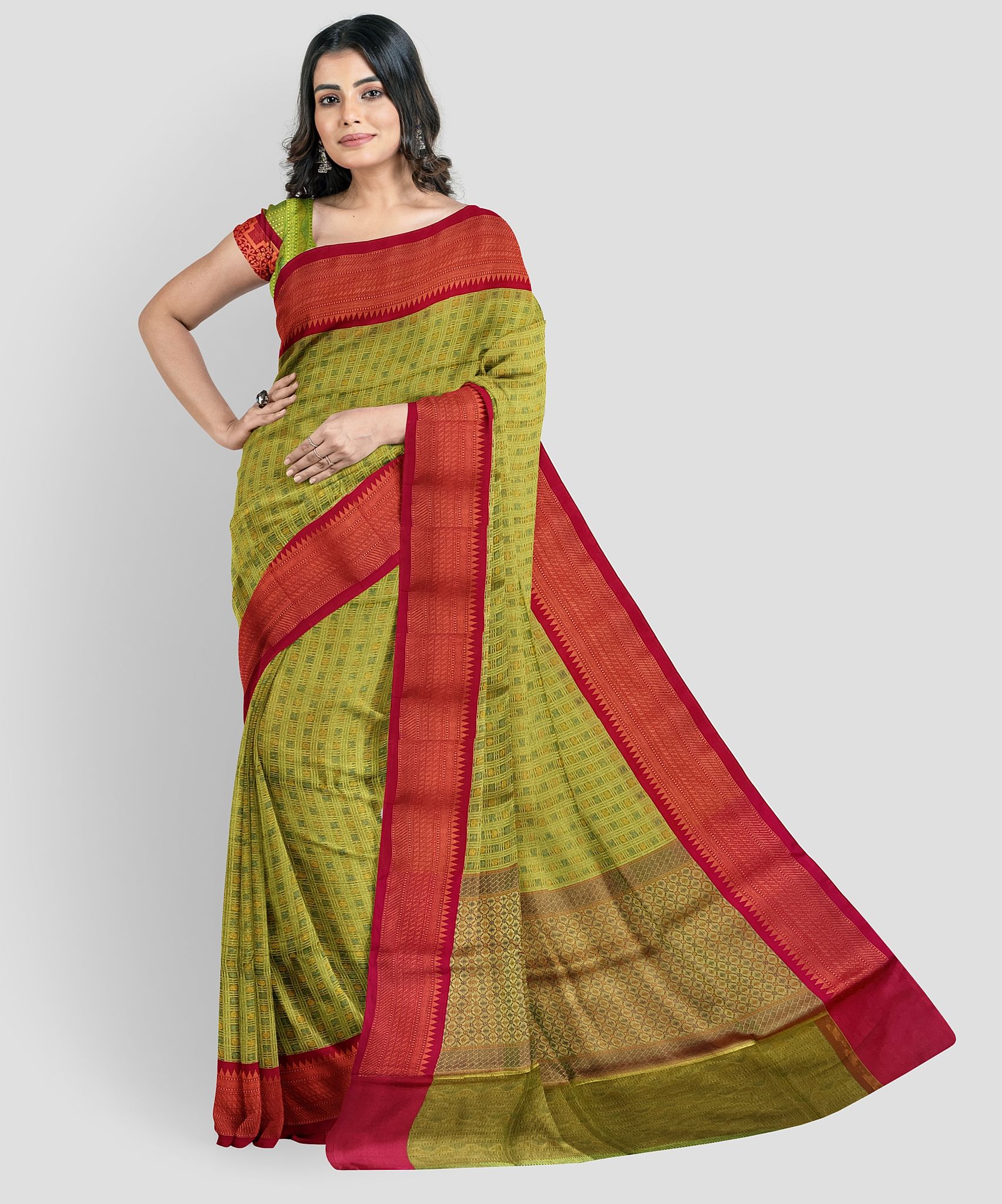 Light Green Color Small Checks Soft Kora Muslin Saree with Unstitched Blouse