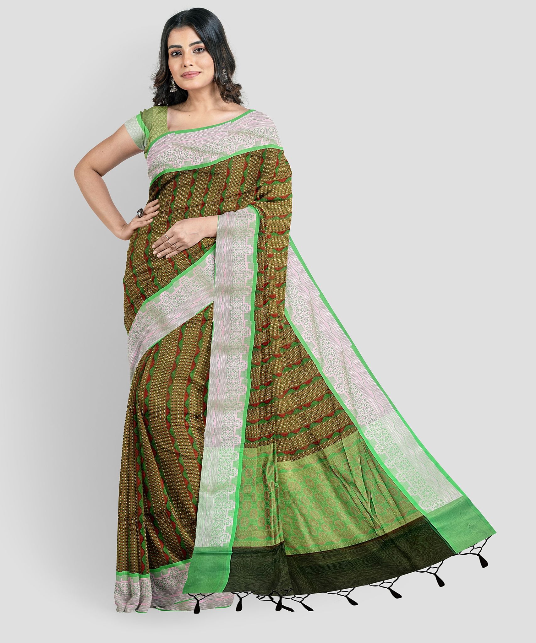 Green Color Soft Kora Muslin Saree with Unstitched Blouse