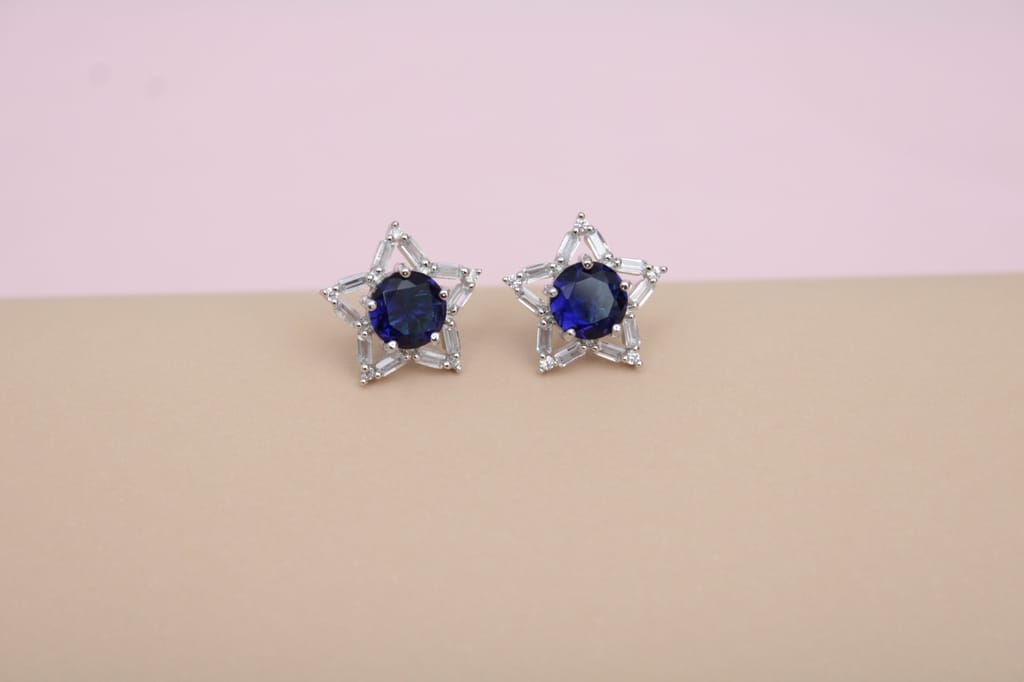 Sar shape cz blue ear stud for girl & women