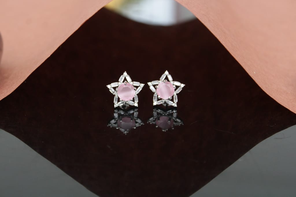 Cz pink star shape ear stud & earring for girl & women