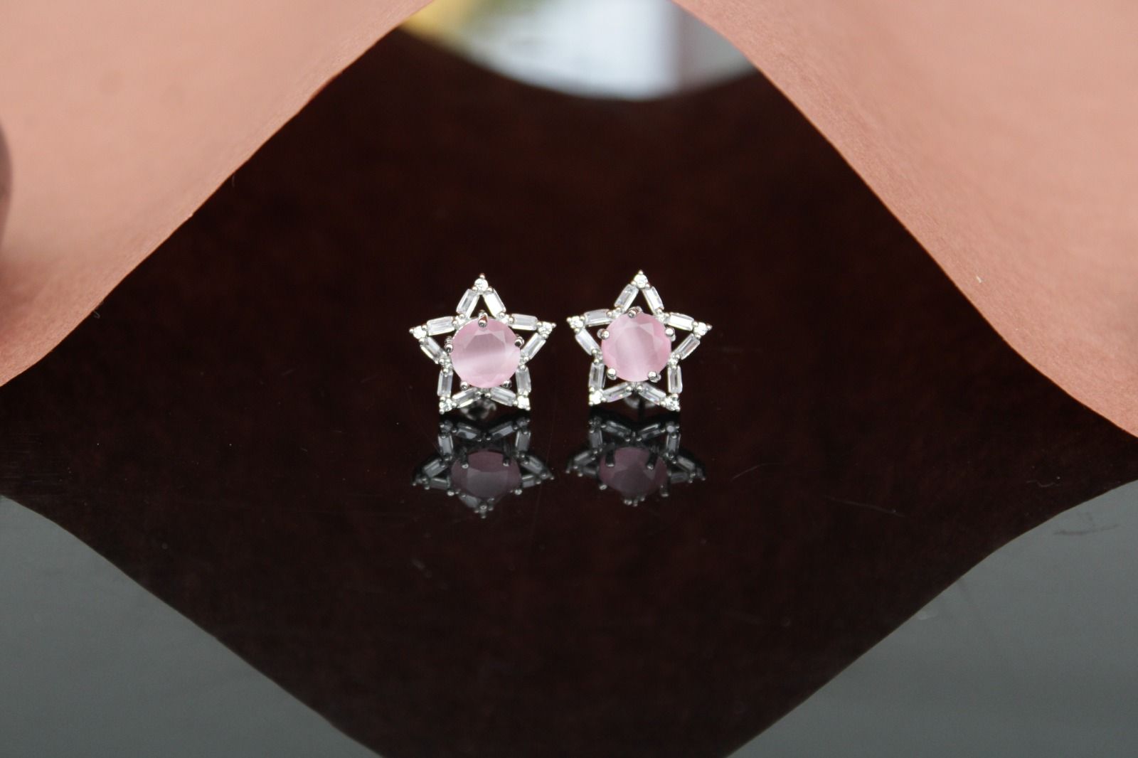 Cz pink star shape ear stud & earring for girl & women