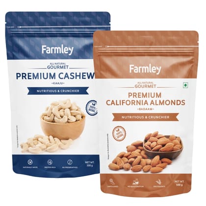 Farmley Premium Almond Cashew Combo - 1 Kg Dry Fruits Combo Pack - (Almond 500 gram, Cashew 500 gram)
