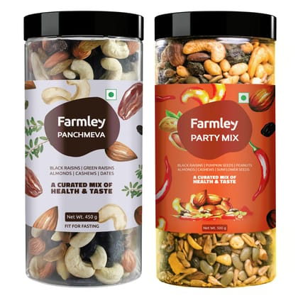 Farmley Panchmeva 450g & Party Mix 500g Value Pack I Reusable Jar | Roasted Mixed Nuts & Seeds | Mixed Nuts | Mix Dried Fruits Nuts