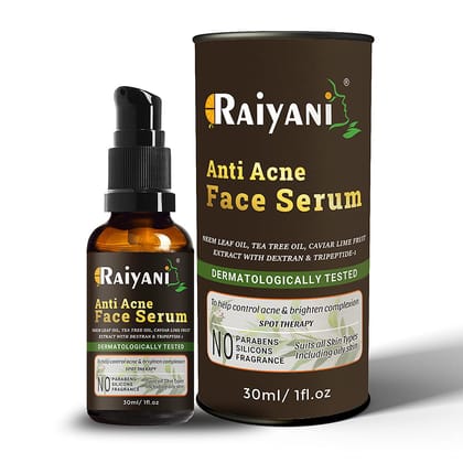 Raiyani Anti Acne Face Serum - Natural Neem Leaf Oil, Tea Tree Oil, Caviar Lime Fruit Extract - Spot Therapy - No Parabens, Silicones & Fragrance (30 ml)