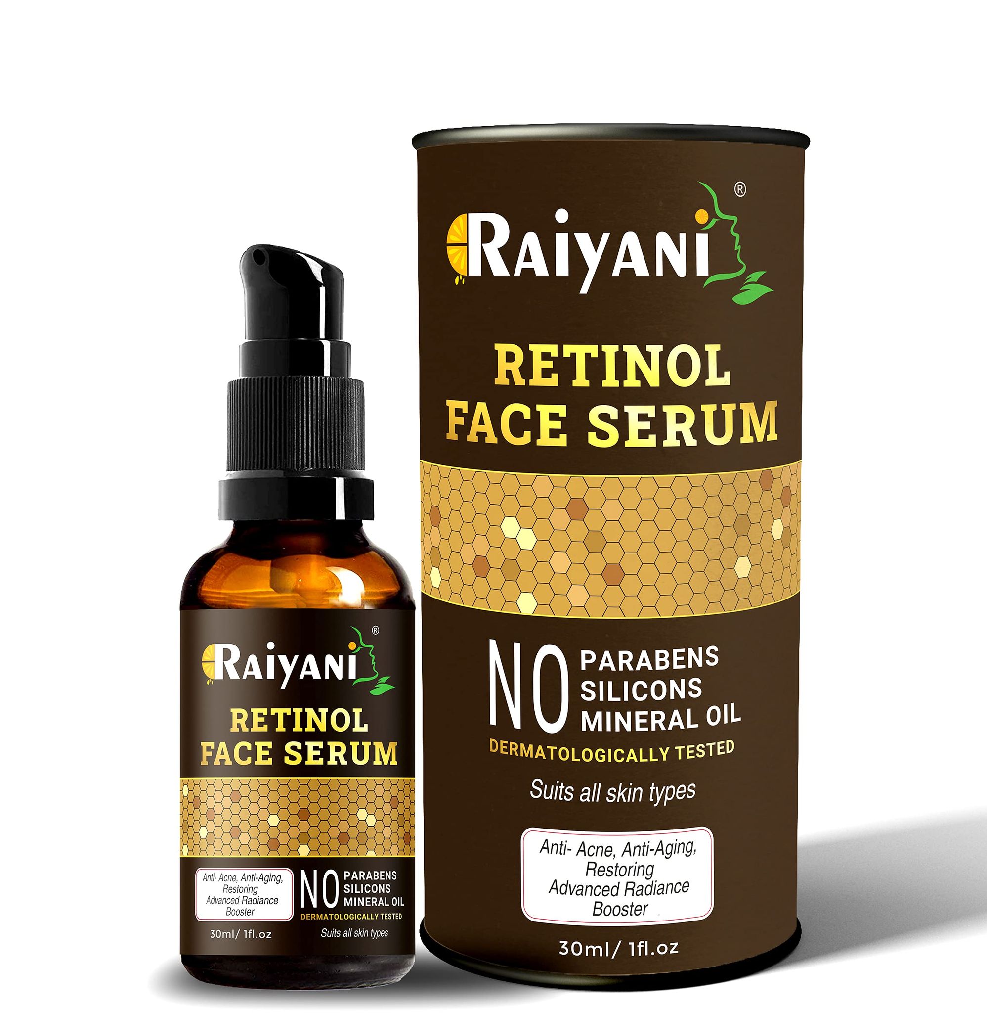 Raiyani Retinol Face Serum - Oil Free - Skin Plumping, Boost Collagen, Anti Acne, Anti Aging, Restoration - No Parabens, Silicones & Mineral Oil (30 ml)