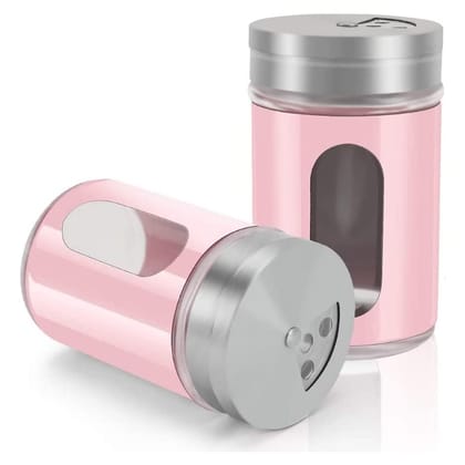 MANNAT Spice Jar Stainless Steel & Glass with Adjustable Pour Holes lid(Set of 2) Salt & Pepper Shaker,Oregano,Chilli Flakes,Seasoning Sprinkler|(Pink,Color Send As per Availability)