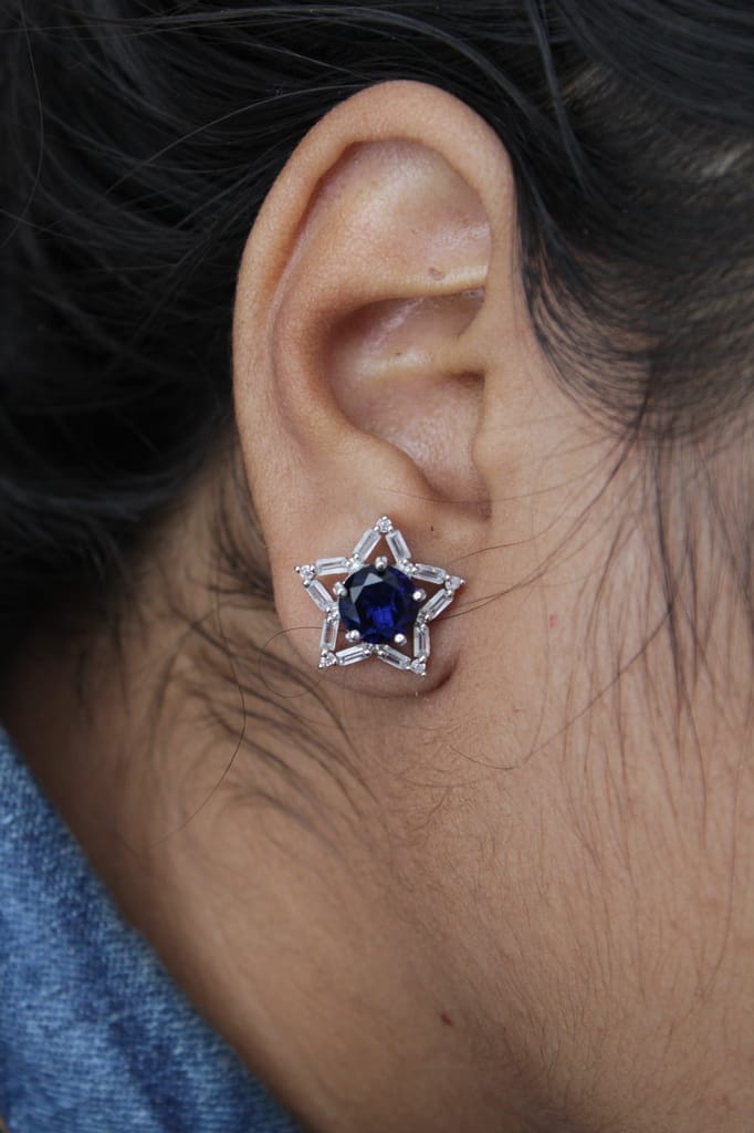 Sar shape cz blue ear stud for girl & women